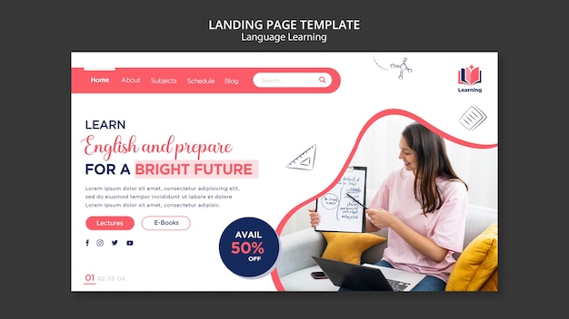 PSD gratuito plantilla de página de destino de clases de idiomas con diseño abstracto