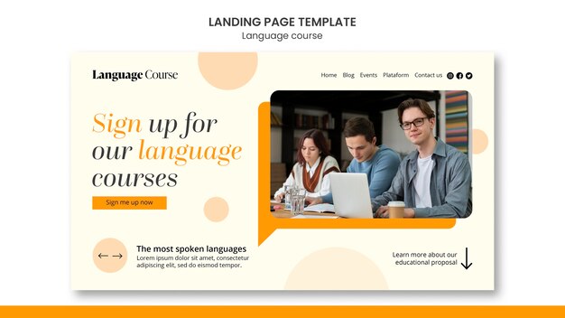Plantilla de página de destino de clases de idiomas con diseño de círculos