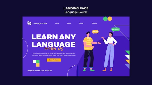 Plantilla de página de destino de cursos de idiomas con personas y formas geométricas
