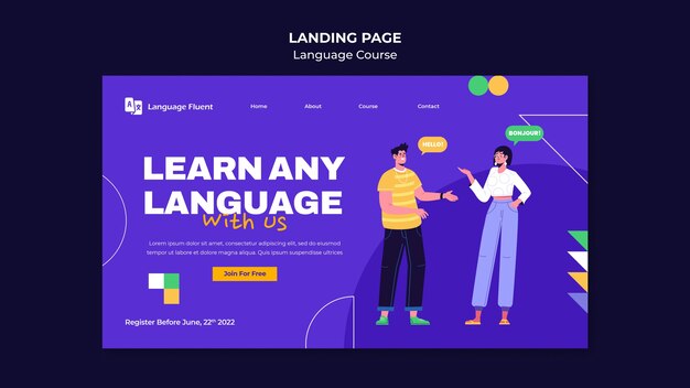 Plantilla de página de destino de cursos de idiomas con personas y formas geométricas