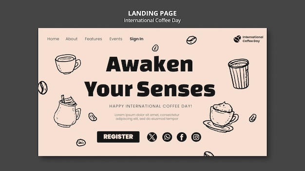 PSD gratuito plantilla de página de destino del día internacional del café