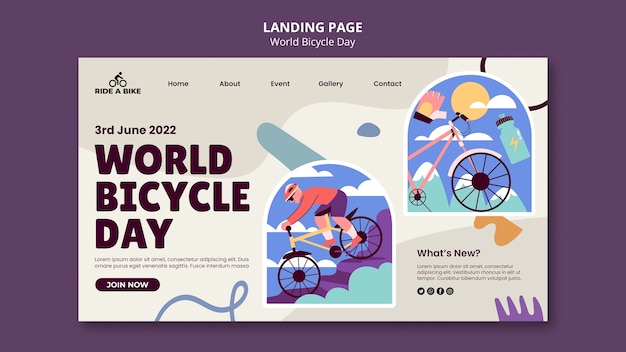 Plantilla de página de destino del día mundial de la bicicleta de diseño plano