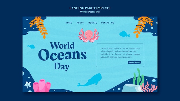 Plantilla de página de destino del día mundial de los océanos con vida marina