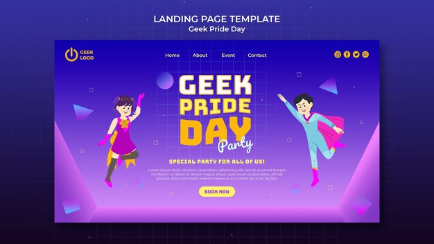 Plantilla de página de destino del día del orgullo geek con personajes de superhéroes