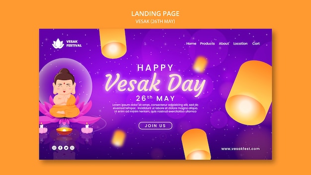 Plantilla de página de destino del día de vesak con linternas de papel