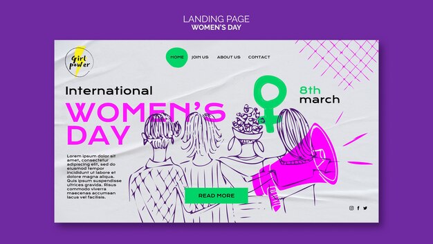 Plantilla de página de destino dibujada a mano para la celebración del día de la mujer