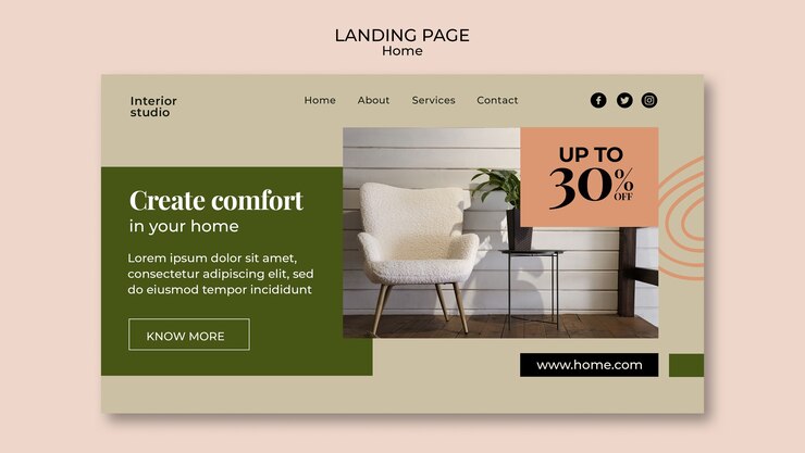 PSD gratuito plantilla de página de destino de diseño de interiores de diseño plano
