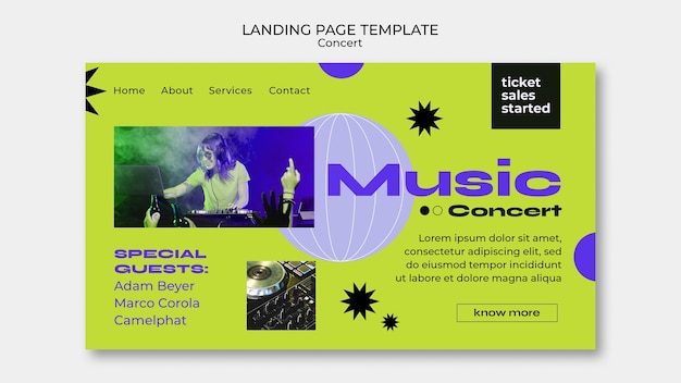 PSD gratuito plantilla de página de destino divertida de concierto de diseño plano