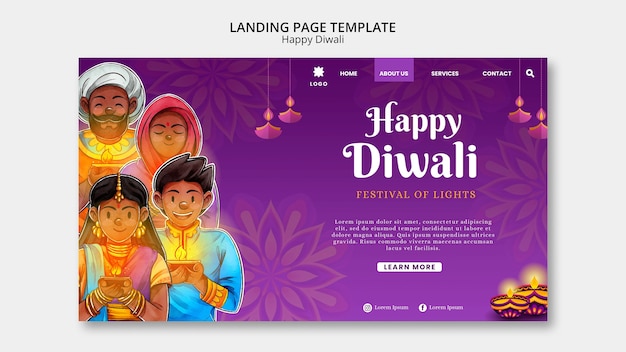 Plantilla de página de destino de diwali con diseño de mandala