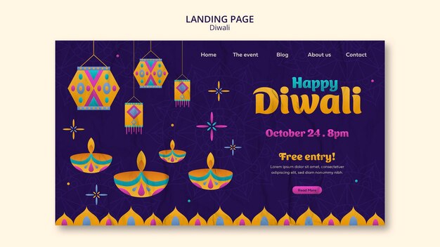 Plantilla de página de destino de diwali de diseño plano