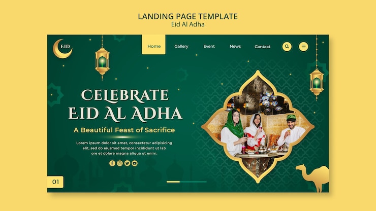 PSD gratuito plantilla de página de destino de eid al-adha con linternas y luna creciente
