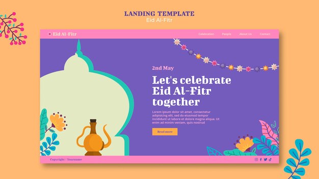 Plantilla de página de destino de eid al fitr de diseño plano