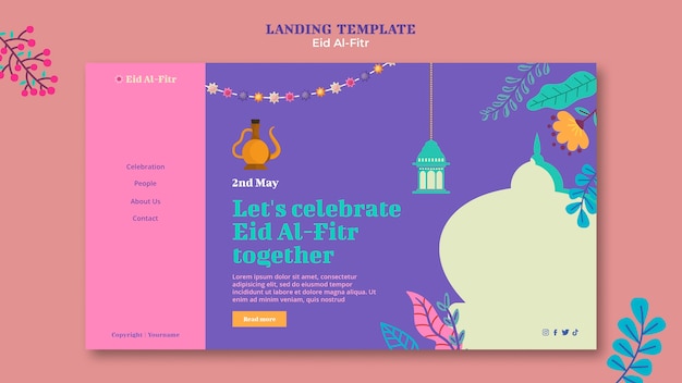 PSD gratuito plantilla de página de destino de eid al fitr de diseño plano