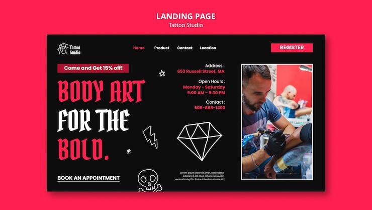 PSD gratuito plantilla de página de destino de estudio de tatuajes