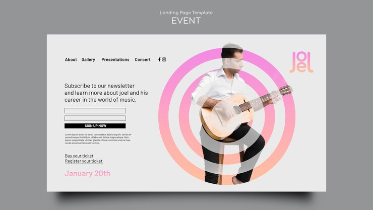 PSD gratuito plantilla de página de destino de evento musical degradado
