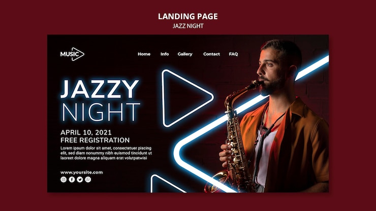 PSD gratuito plantilla de página de destino para evento nocturno de jazz de neón