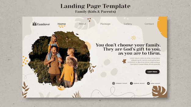 PSD gratuito plantilla de página de destino de familia con padres e hijos