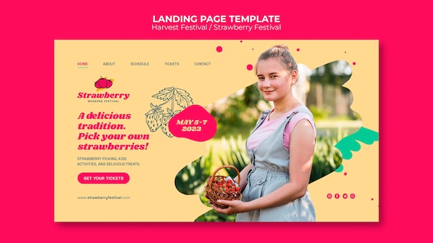 PSD gratuito plantilla de página de destino del festival de fresas de diseño plano