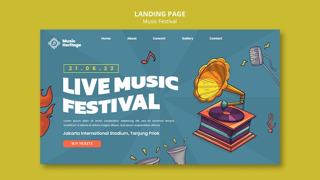 PSD gratuito plantilla de página de destino del festival de música con gramófono dibujado a mano