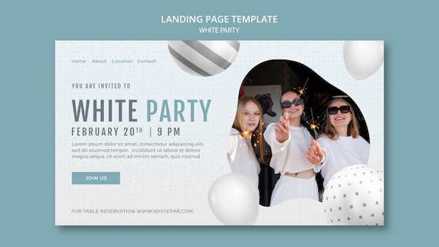 PSD gratuito plantilla de página de destino de fiesta blanca con globos y esferas