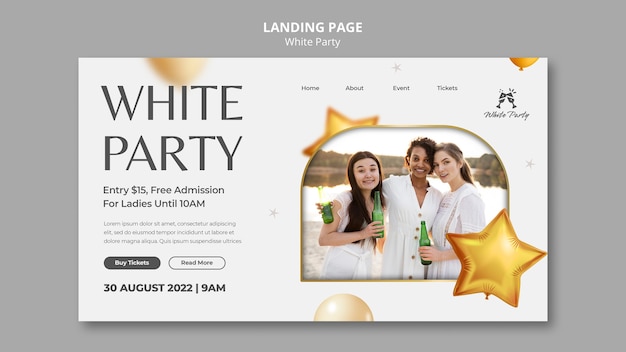 PSD gratuito plantilla de página de destino de fiesta blanca con globos