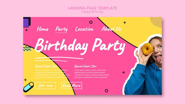 Plantilla de página de destino de fiesta de cumpleaños de diseño plano