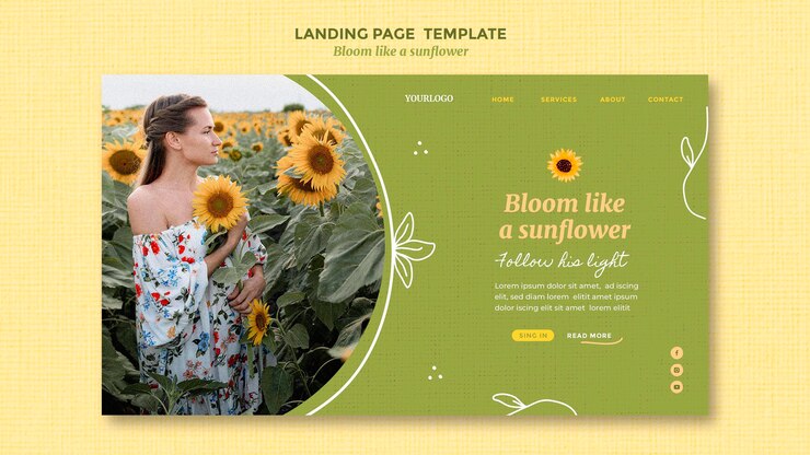 PSD gratuito plantilla de página de destino con girasoles y mujer.