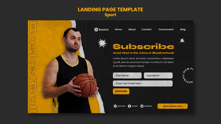 PSD gratuito plantilla de página de destino para juego de baloncesto con jugador masculino