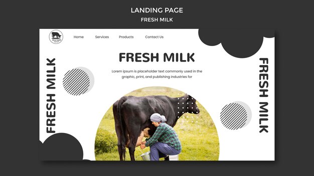 Plantilla de página de destino de leche fresca con foto