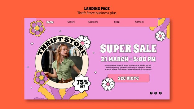 Plantilla de página de destino de tienda de segunda mano de diseño plano