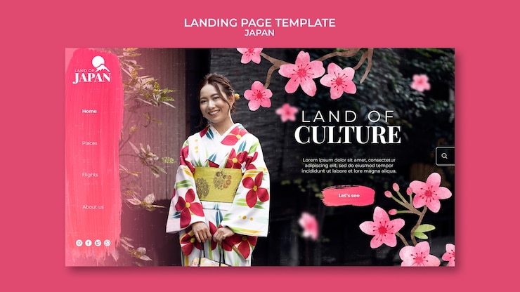 PSD gratuito plantilla de página de destino para viajar a japón con mujer y flor de cerezo