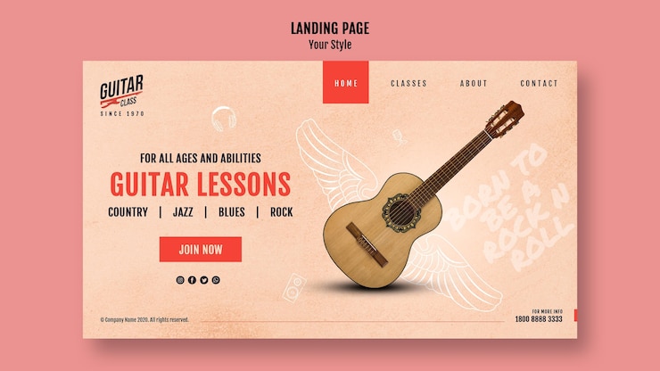 PSD gratuito plantilla de página de inicio de lecciones de guitarra