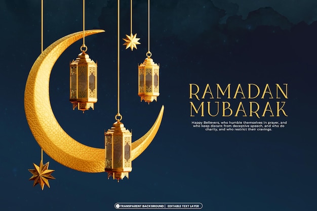 plantilla de pancarta Ramadan Mubarak 3d con objetos de decoración islámica