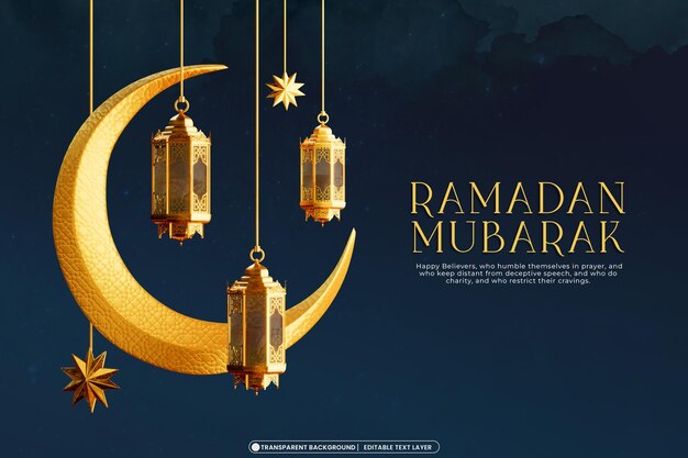 plantilla de pancarta Ramadan Mubarak 3d con objetos de decoración islámica