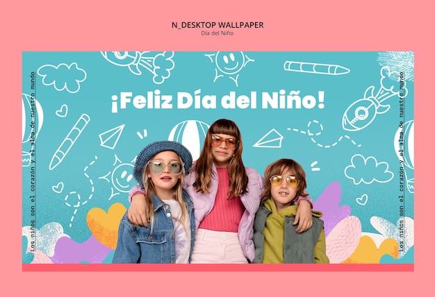 PSD gratuito plantilla de papel de pared de escritorio para la celebración del dia del nino