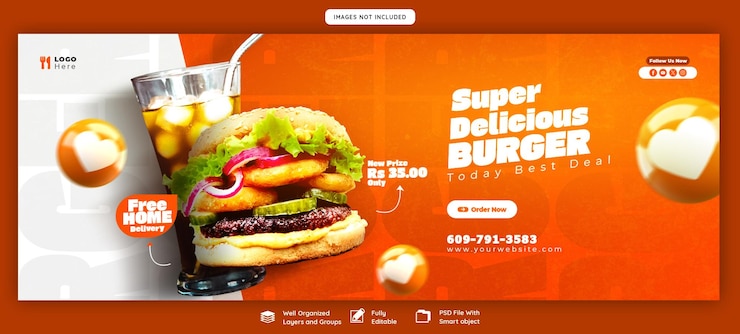 PSD gratuito plantilla de portada de facebook de deliciosa hamburguesa y comida