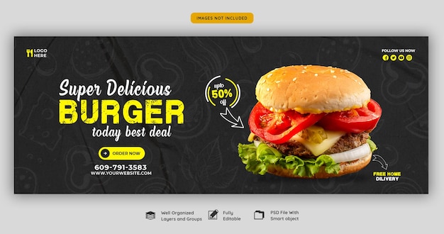 Plantilla de portada de facebook de deliciosa hamburguesa y comida