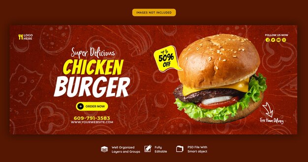 Plantilla de portada de facebook de deliciosa hamburguesa y comida