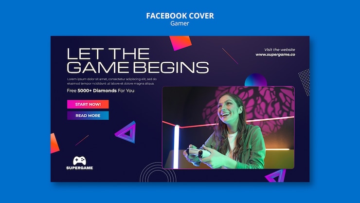 PSD gratuito plantilla de portada de redes sociales de videojuegos con formas geométricas degradadas