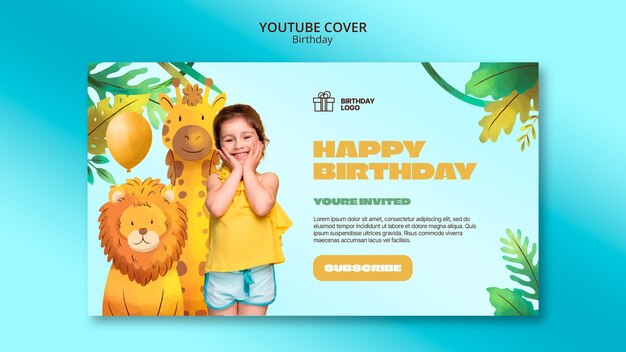 Plantilla de portada de youtube en acuarela para fiesta de cumpleaños infantil con animales