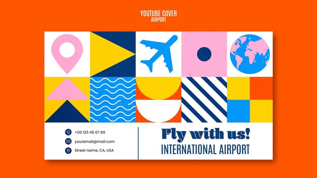 Plantilla de portada de youtube de aeropuerto de diseño plano