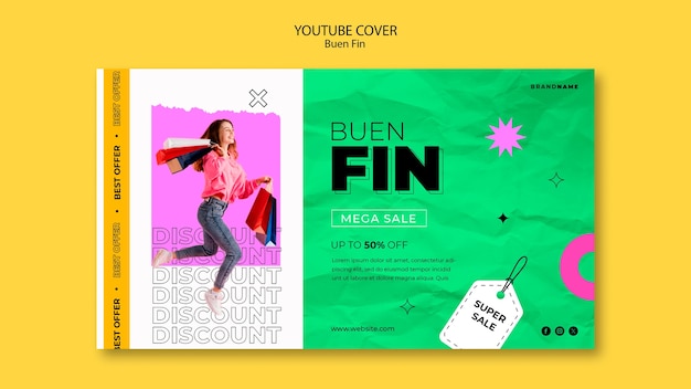 PSD gratuito plantilla de portada de youtube buen fin de diseño plano