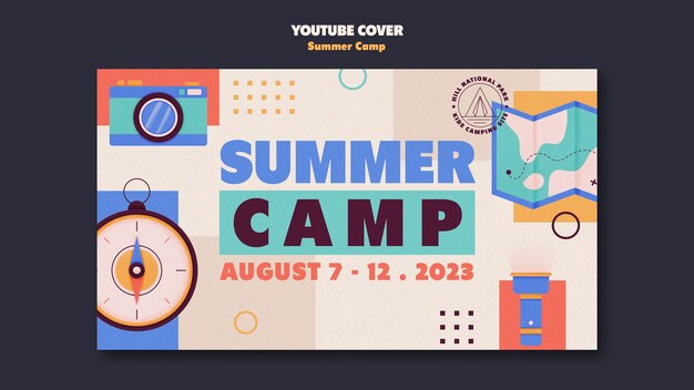 Plantilla de portada de youtube de campamento de verano de diseño plano