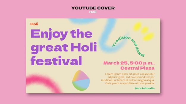 Plantilla de portada de youtube de celebración del festival holi