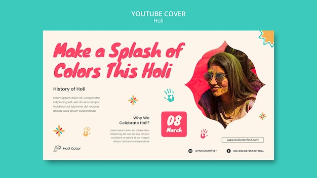 Plantilla de portada de youtube de celebración holi de diseño plano