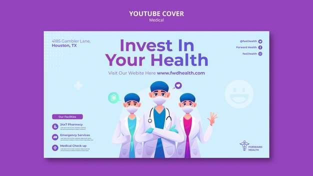 Plantilla de portada de youtube de chequeo y cuidado de la salud