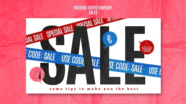 PSD gratuito plantilla de portada de youtube con descuento en las ventas de diseño plano