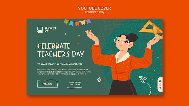 PSD gratuito plantilla de portada de youtube del día del maestro de diseño plano