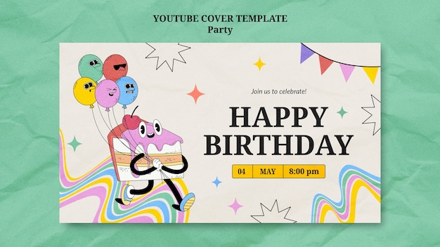 Plantilla de portada de youtube de fiesta de cumpleaños dibujada a mano