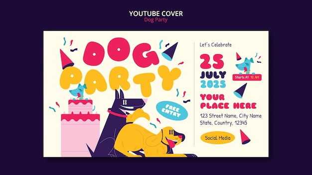 Plantilla de portada de youtube de fiesta de perros de diseño plano